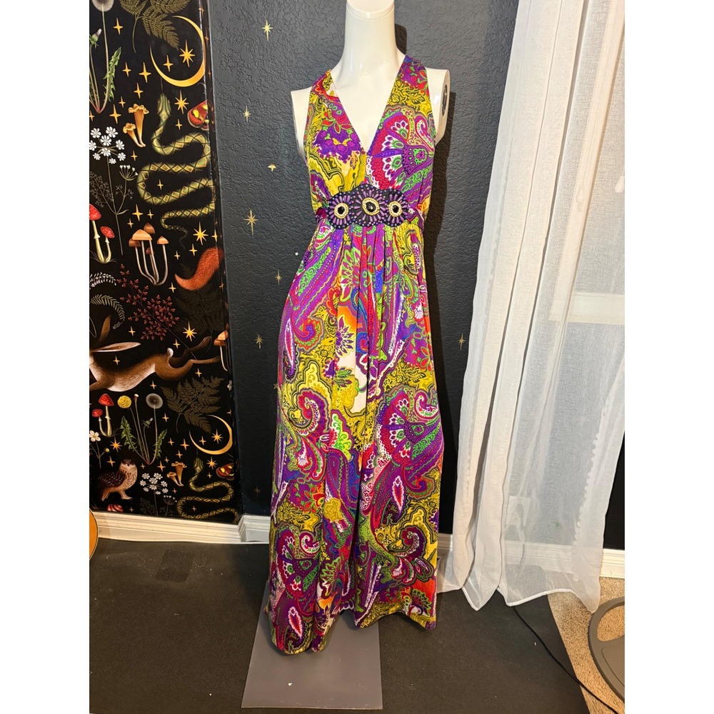 ICE Womens Paisley Maxi Dress Purple Yellow Beaded Empire Waist Boho Size 14